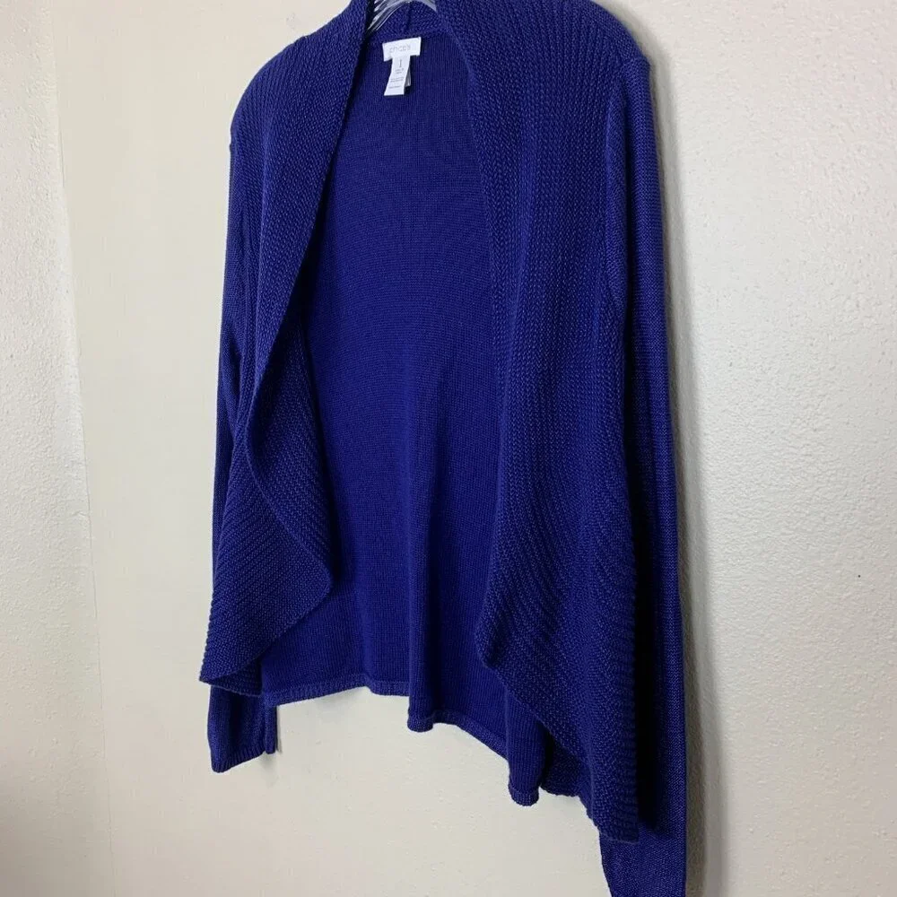Chicos Womens 1 M Cardigan Sweater Open Front Spring Casual Office Blue Rayon